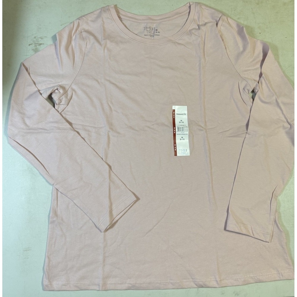 M0216-Time and Tru Women's M Pink Smoke Long Sleeve Crewneck Tee 100% Cotton
